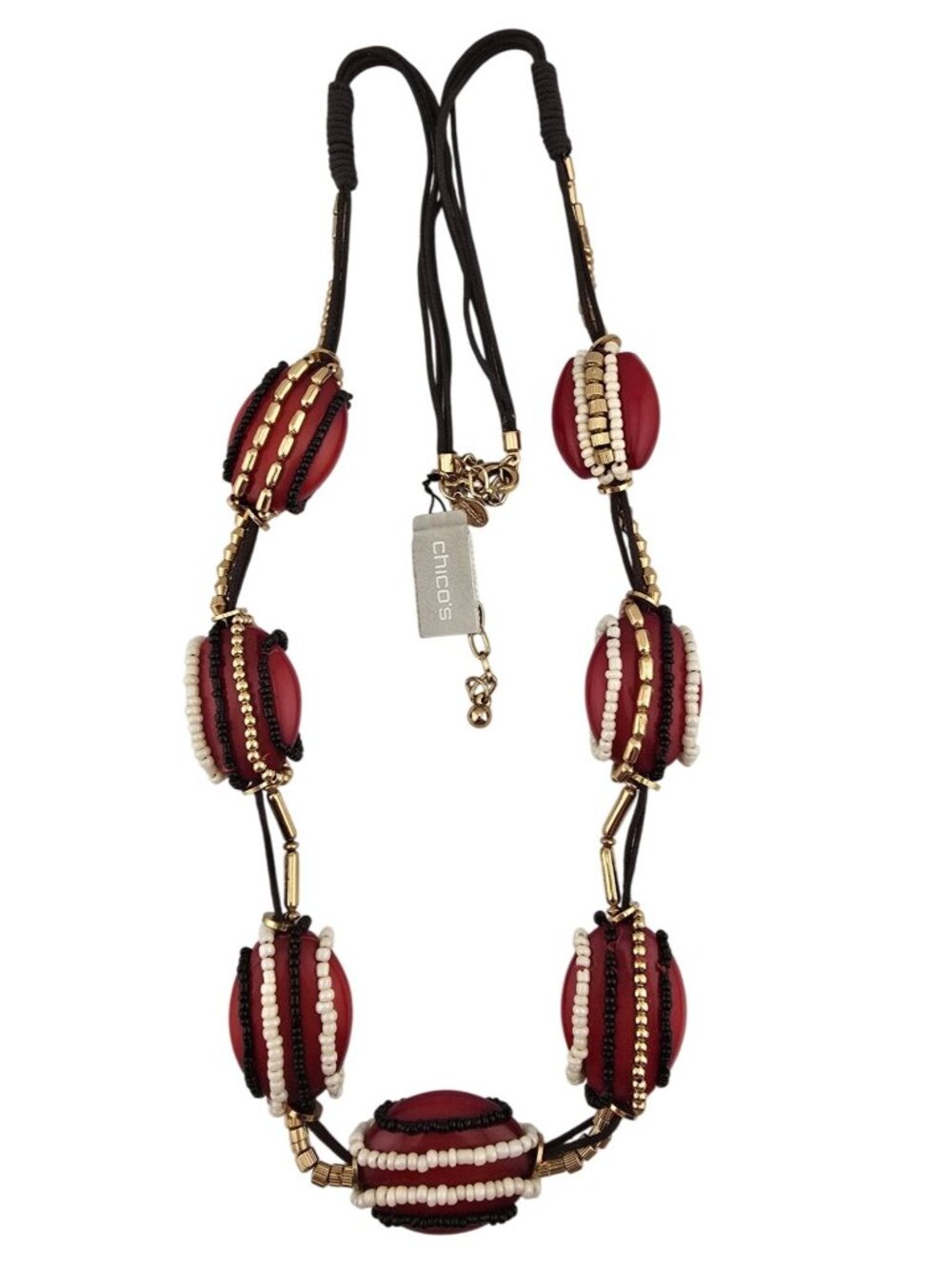 Chicos Rhea Statement Necklace Red Beads & Gold-Tone Adjustable Boho - Picture 2 of 8
